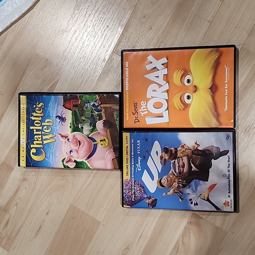 Charlotte's Web,  Disney UP, and Dr. Seuss The Lorax DVDs